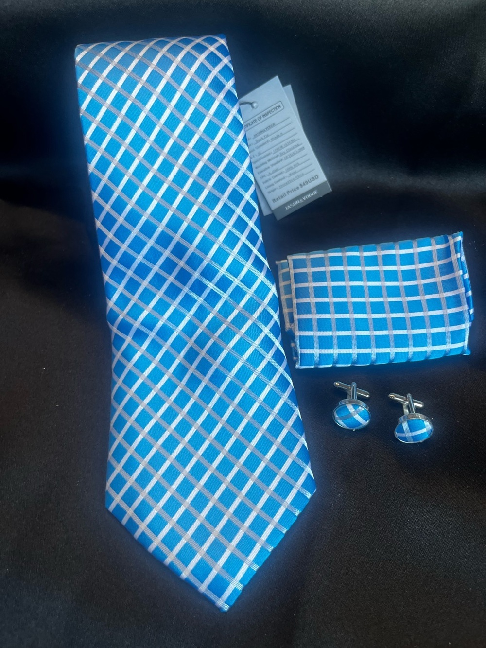 Blue Plaid Tie Set with Pocket Square and Cufflinks